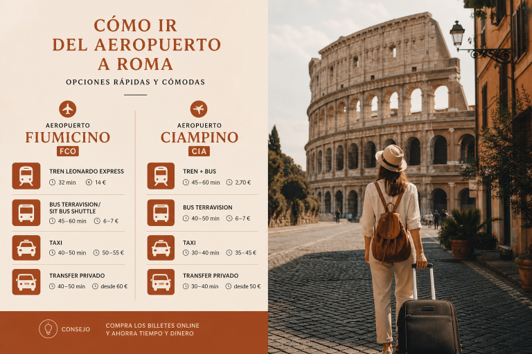Imagen de Cómo ir de Fiumicino y Ciampino al centro de Roma: tren, bus, taxi o transfer